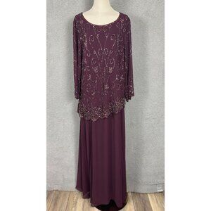 Jkara Plus Size Plum Beaded Evening Gown 3/4 Sleeves Scoop Neckline 24W NWT's